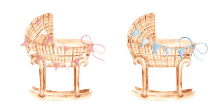 Watercolor Baby cradle Set for a Girl and a Boy from rattan with Bunting Party blue and pink Flags, Garland in Vintage style isolated on a white background. Childrens eco accessory for newborn greeting or birthday cards, baby shower invitations, gender reveal party.の写真素材