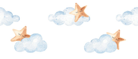 Watercolor sleeping star and cloud border, hand painted seamless baby night sky pattern for nursery and baby shower card.の写真素材