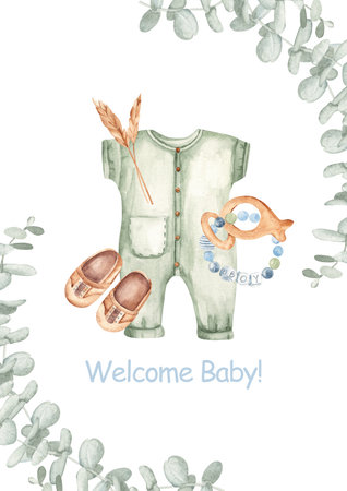 Watercolor baby shower invitation for a baby boy with green romper, shoes, wooden teething toy in eucalyptus frame. Perfect for newborn celebration or welcome baby card.の写真素材