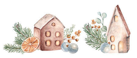 Christmas Watercolor Compositions set. Ceramic houses with Fir Branches, orange and eucalyptus. Cozy home decoration in Rustic style. Hand drawn illustration isolated on a background. For Christmas or Housewarming party Cards or prints.の写真素材
