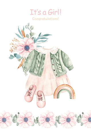 Watercolor baby shower invitation for a girl with cute dress, wooden toy, shoes and floral bouquet. Hand drawn card template. Ideal for newborn celebration or baby announcement, gender reveal party.の写真素材