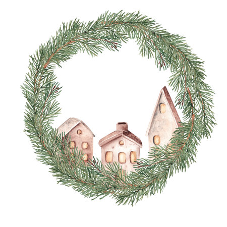Christmas Wreath, frame with fir branches and Ceramic Houses, Lanterns for Candles. Hand drawn rustic botanical Illustration isolated on white background. For Cards, prints and Logos.の写真素材