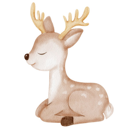 Watercolor cute deer for winter and Christmas illustration. Perfect for nursery decor, kids card, holiday design, woodland theme and cozy seasonal greeting.の写真素材