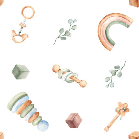 Baby seamless pattern. Watercolor wooden toys, rattles and eucalyptus. Suitable for fabric, textile, wallpaper, wrapping paper and baby shower designs.の写真素材