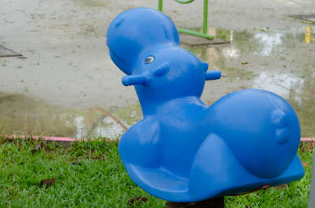 hippo is toy for children in the park and have blue colourの写真素材