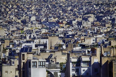 low-rise and crowded houses builtin a seemingly unorganized mannerのeditorial素材