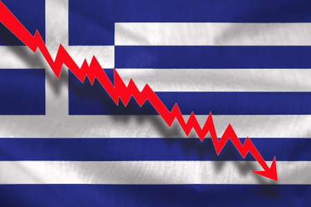 Financial crisis in Greece, illustration of zigzag red arrow down on flagの写真素材