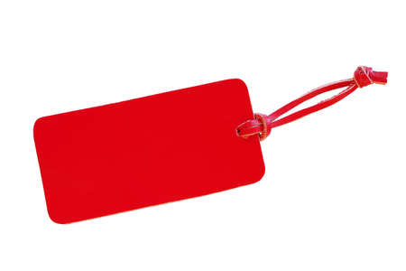 Red leather price tag with leather cord isolated on white backgroundの写真素材