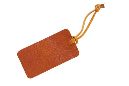 Leather price tag with leather cord isolated on white background