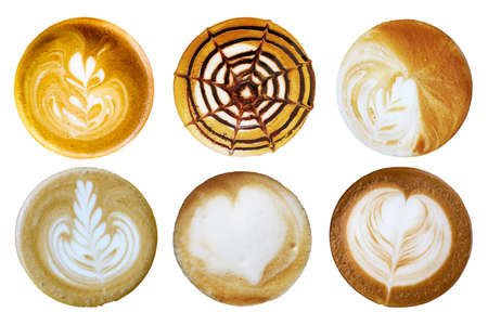 Set of coffee latte art foam shaped top view on white backgroundの写真素材
