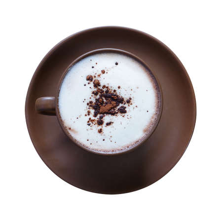 Top view of hot chocolate, cocoa, with frothed milk in ceramic cup isolated on white background, clipping path included.の写真素材