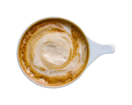 Top view of cappuccino coffee cup with milk foam isolated on white background, clipping path includedの写真素材