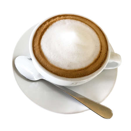 Hot coffee cappuccino on saucer with spoon isolated on white background, clipping path includedの写真素材