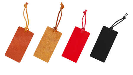 Leather tags with leather cord set, price tag for christmas, new year and black friday sale isolated...