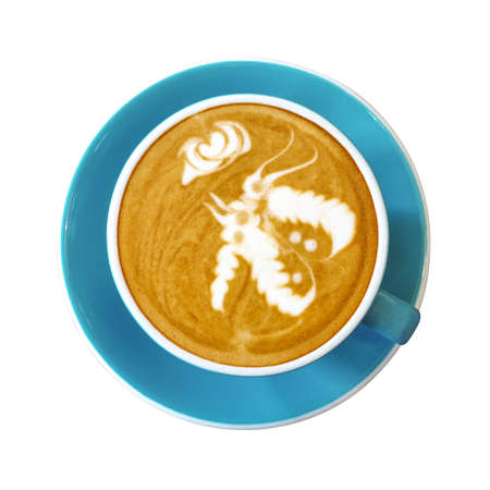 Top view of hot coffee latte cup on blue saucer with butterfly lover couple abstract latte art milk foam isolated on white backgroundの写真素材