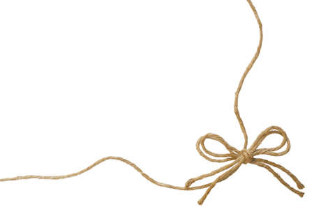 Natural Jute twine or burlap string with hemp rope bow border isolated on white background.