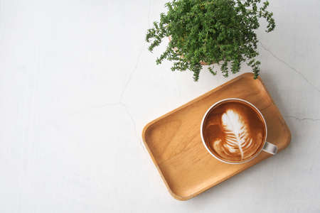 Top view of hot coffee latte cup with leaf shaped latte art milk foam on wooden tray and green small potted plant on white cracked concrete table background.の写真素材