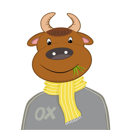 Cute ox animal cartoon charactor for Chinese zodiac sign or horoscope animal of the year 2021 year of the ox with yellow and gray colors outfit, color of the year 2021.のイラスト素材