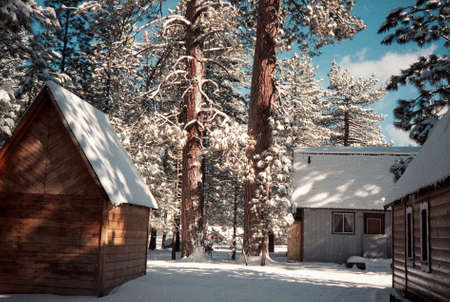 Mountain Cabins in Winter Morning Sunのeditorial素材