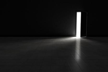 An open door with bright light streaming into a very dark room.  Background Illustration.の写真素材