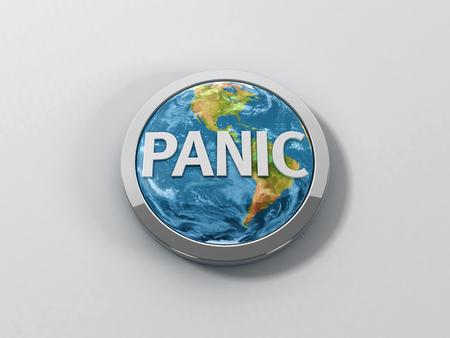 A reflective Earth like panic button with a chrome ring on a white background.  3D illustration.  San Serif panic text.の写真素材