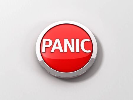 A red reflective panic button with a chrome ring on a white background.  3D illustration.  San Serif...