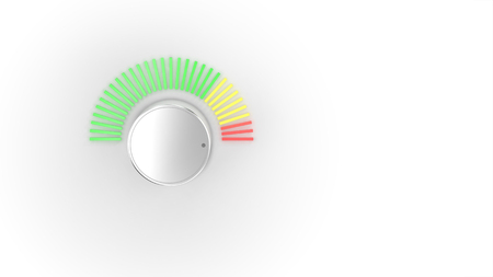 A chrome audio volume knob turning up with a green, yellow, and red spectrum LED light meter over a bright white background.  3D Illustration.の写真素材