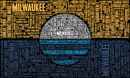A word cloud with the neighborhoods of Milwaukee, Wisconsin, in the shape of the People's Flag of the city.の写真素材