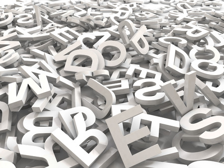 A jumbled pile of 3D illustrated white uppercase letters over a white background.  Great for...