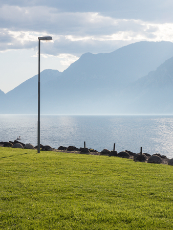 garda lake beach in malcesineの写真素材