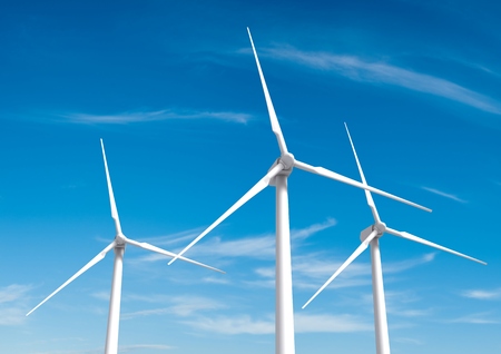 Three white wind turbine Generating electricity on blue sky