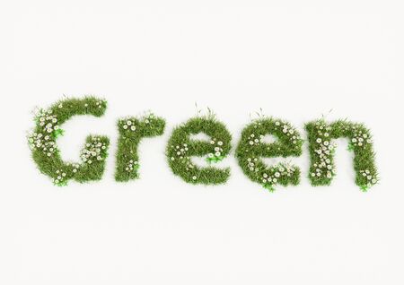 Green word typed by flowers and grassの写真素材