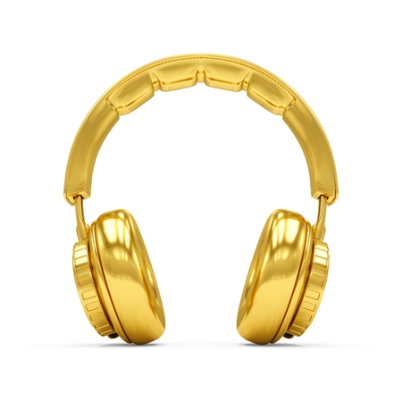 3D Rendering Golden headphones isolated on white backgroundの写真素材
