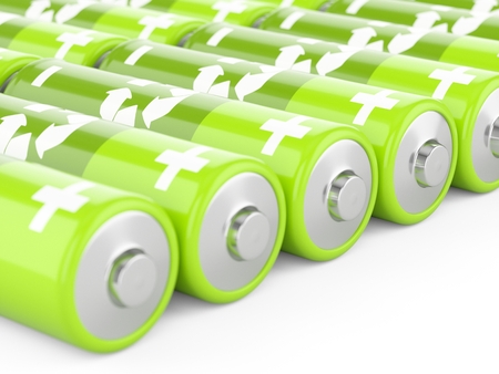 3d rendering green batteries on white backgroundの写真素材
