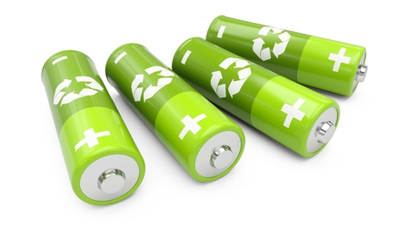 3d rendering green batteries on white backgroundの写真素材