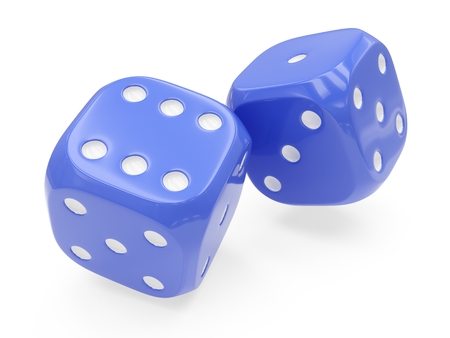 3d rendering two blue dices isolated on white backgroundの写真素材