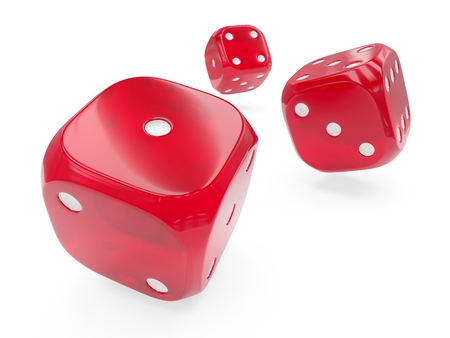 3d rendering three red glass rolling dices isolated on white backgroundの写真素材