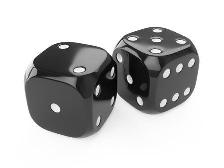 3d rendering two black dices isolated on white backgroundの写真素材