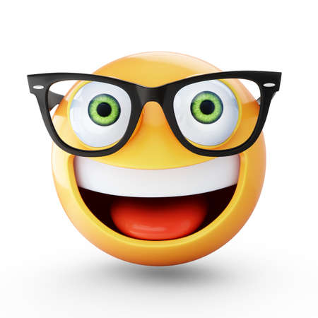 3d rendering emoji with glasses isolated on white backgroundの写真素材