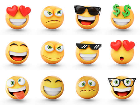 3d rendering set of emoji isolated on whiteの写真素材