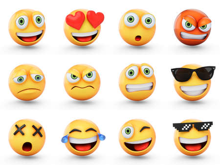 3d rendering set of emoji isolated on whiteの写真素材