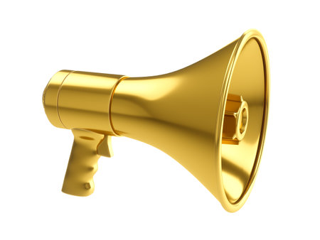 3D Rendering Golden Megaphone isolated on white backgroundの写真素材