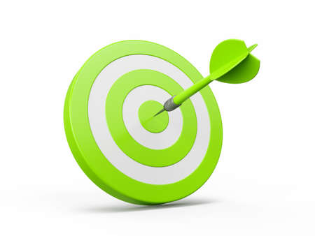 3D Rendering Green Dart aim to Dartboard target Isolated on white Backgroundの写真素材
