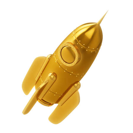 3D Rendering Golden Rocket Space Ship isolated on white backgroundの写真素材