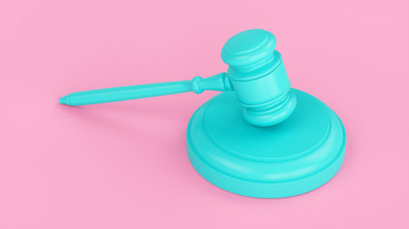 3D rendering blue gavel, Judge Hammer on pink backgroundの写真素材