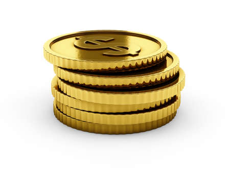 3d rendering gold coins on white backgroundの写真素材