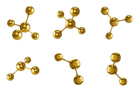 3D Rendering Set of Golden Atom Molecule Structure isolated on white backgroundの写真素材