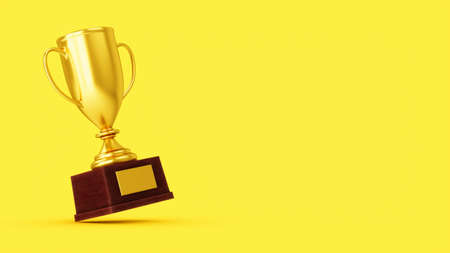 3D Rendering Golden Award Trophy Cup isolated on yellow backgroundの写真素材