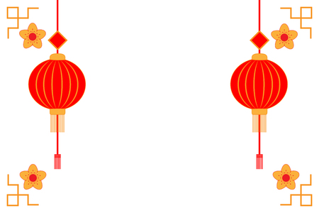 Chinese new year background with lanterns, gold flowers border. Vector illustration.のイラスト素材