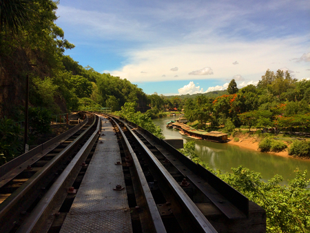 The railway and river with the sky is the background.の写真素材